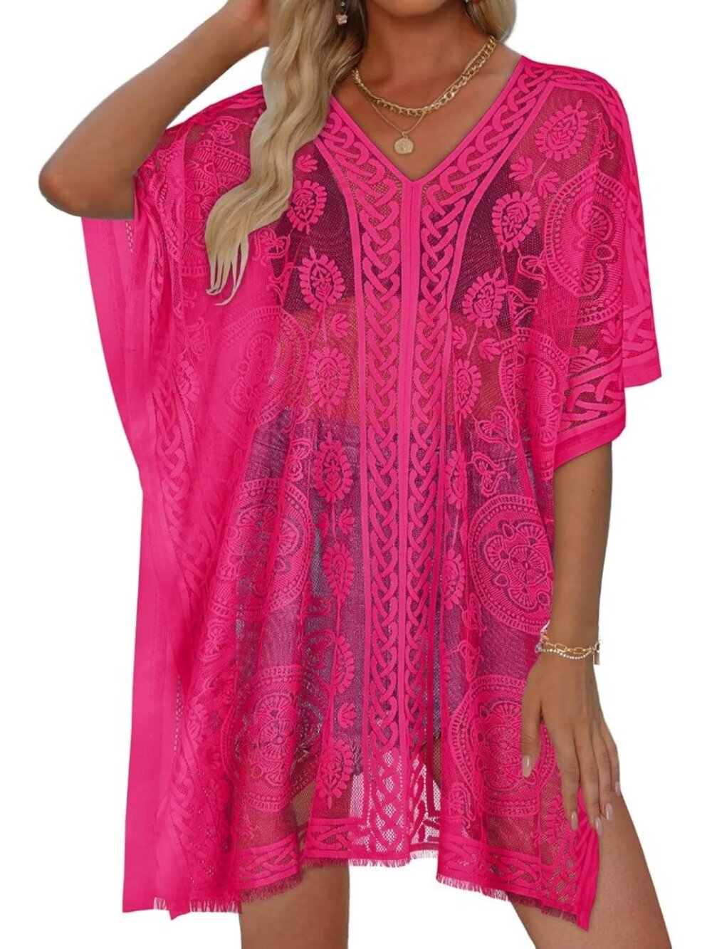 Hot Pink Crochet V-Neck Swim Coverup
